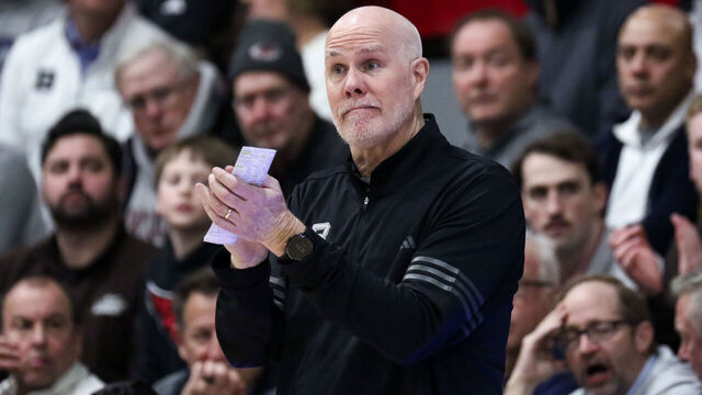PHILADELPHIA, PENNSYLVANIA - FEBRUARY 26: Head coach Mark Schmidt of the St. Bonaventure Bonnies claps during the second half against the Saint Joseph's Hawks at Hagan Arena on February 26, 2025 in Philadelphia, Pennsylvania.