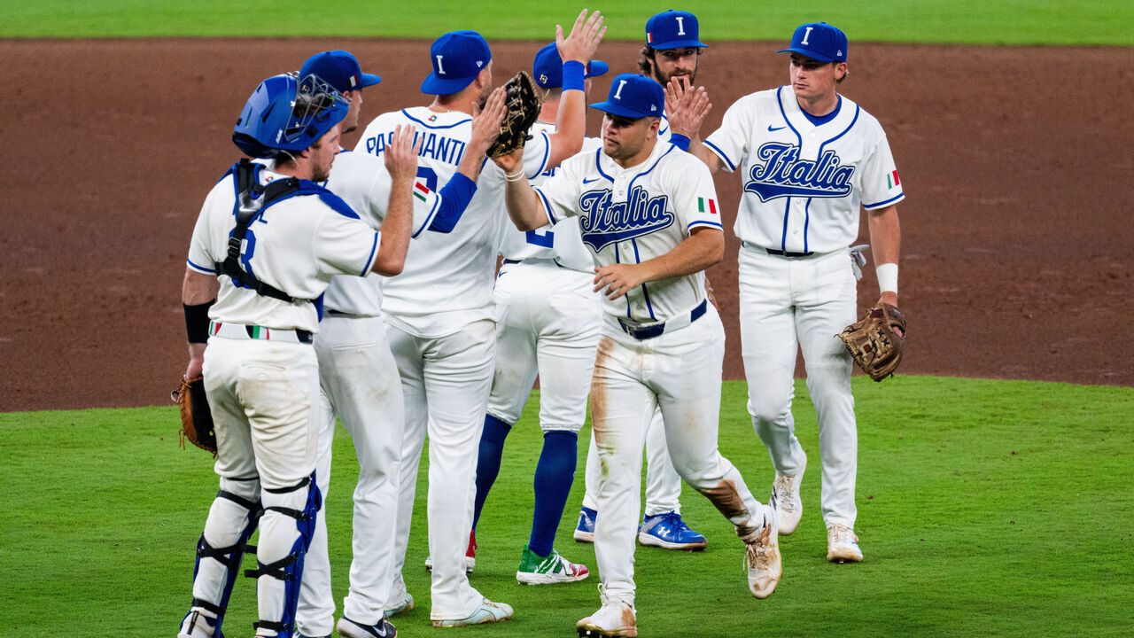HOUSTON, TEXAS - MARCH 07: Dante Nori #16 of Team Italy celebrates with teammates after defeating Team Brazil 8-0 during the 2026 World Baseball Classic at Daikin Park on March 07, 2026 in Houston, Texas.