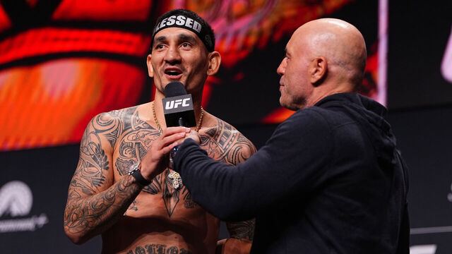 LAS VEGAS, NEVADA - MARCH 06: Max Holloway speaks to the crowd during the UFC 326 ceremonial weigh-in at MGM Grand Garden Arena on March 06, 2026 in Las Vegas, Nevada.
