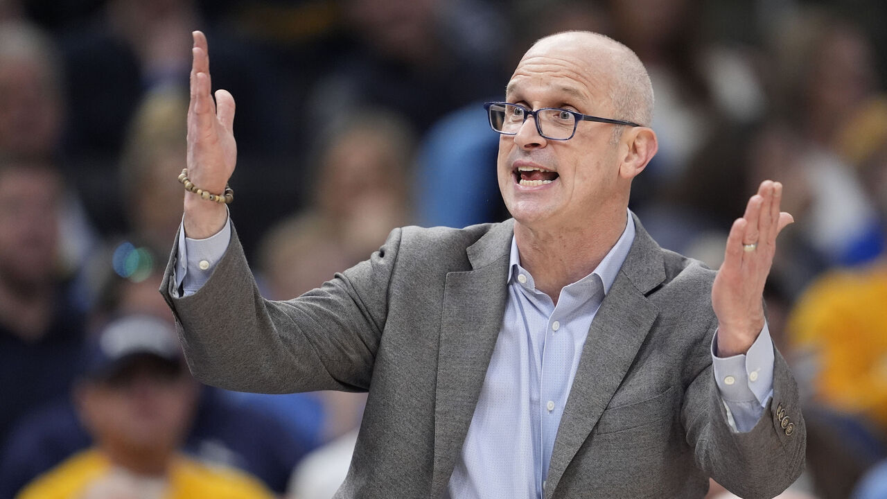 MILWAUKEE, WISCONSIN - MARCH 07: Head coach Dan Hurley of the Connecticut Huskies reacts during the first half against the Marquette Golden Eagles at Fiserv Forum on March 07, 2026 in Milwaukee, Wisconsin.
