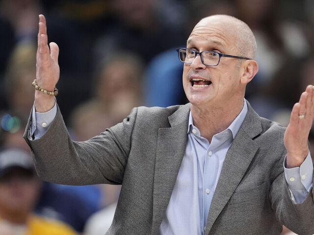 MILWAUKEE, WISCONSIN - MARCH 07: Head coach Dan Hurley of the Connecticut Huskies reacts during the first half against the Marquette Golden Eagles at Fiserv Forum on March 07, 2026 in Milwaukee, Wisconsin.
