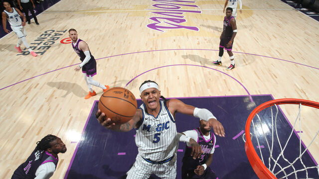 MINNEAPOLIS, MN - MARCH 7: Paolo Banchero #5 of the Orlando Magic drives to the basket during the game against the Minnesota Timberwolves on March 7, 2026 at Target Center in Minneapolis, Minnesota. Mandatory Copyright Notice: Copyright 2026 NBAE