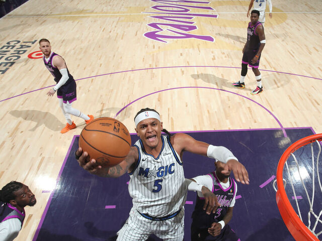 MINNEAPOLIS, MN - MARCH 7: Paolo Banchero #5 of the Orlando Magic drives to the basket during the game against the Minnesota Timberwolves on March 7, 2026 at Target Center in Minneapolis, Minnesota. Mandatory Copyright Notice: Copyright 2026 NBAE