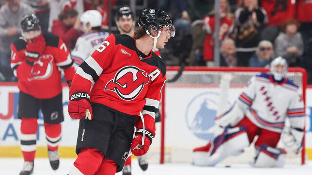 NEWARK, NJ - MARCH 07: Jack Hughes #86 of the New Jersey Devils celebrates after scoring a goal during a game between the New York Rangers and New Jersey Devils at Prudential Center on March 7, 2026 in Newark, New Jersey.