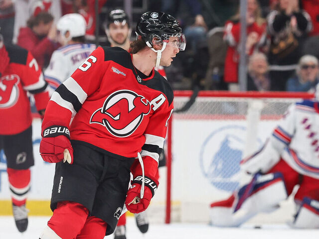NEWARK, NJ - MARCH 07: Jack Hughes #86 of the New Jersey Devils celebrates after scoring a goal during a game between the New York Rangers and New Jersey Devils at Prudential Center on March 7, 2026 in Newark, New Jersey.