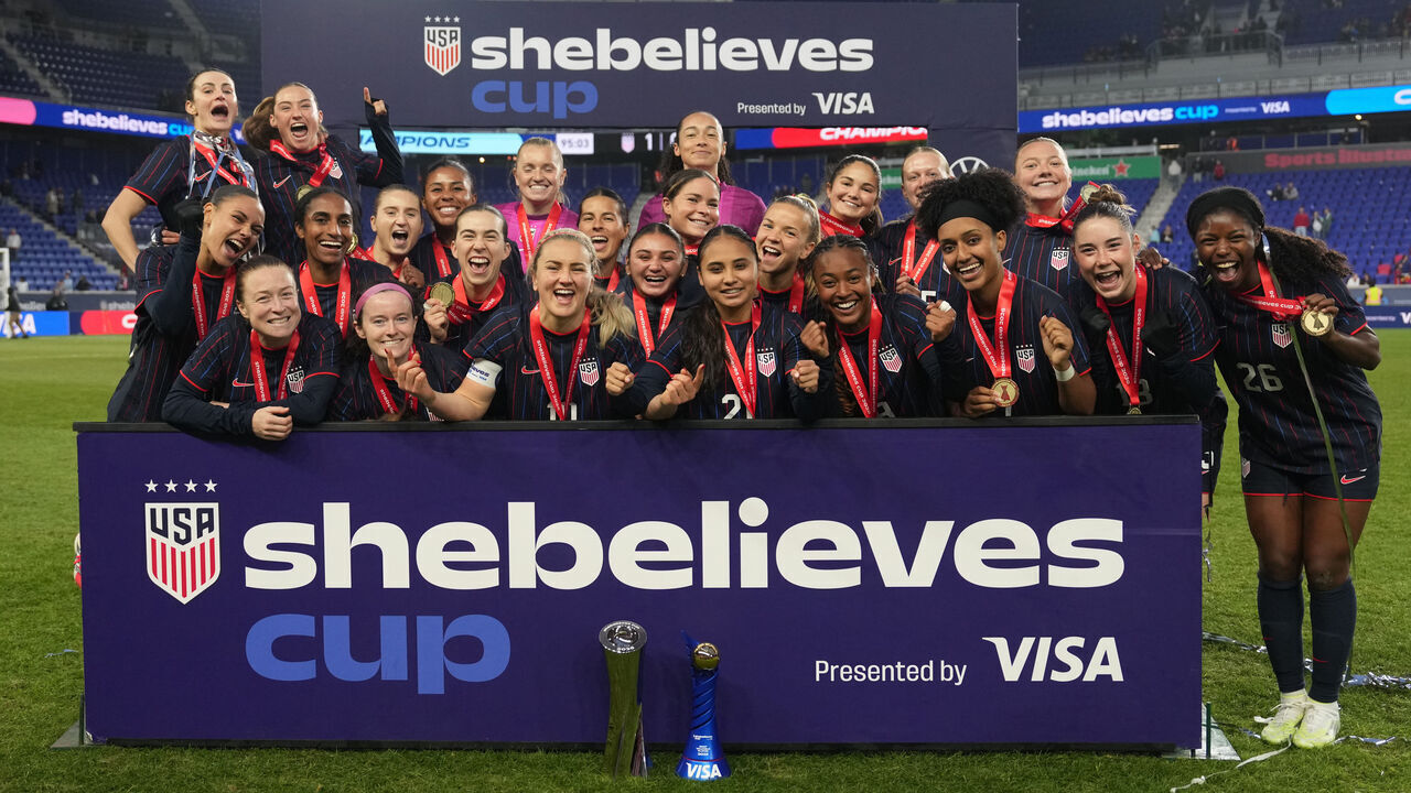 HARRISON, NEW JERSEY - MARCH 07: Members of the United States women's soccer team pose for a photo after their team's 1-0 victory against Colombia during a SheBelieves Cup match at Sports Illustrated Stadium on March 07, 2026 in Harrison, New Jersey.