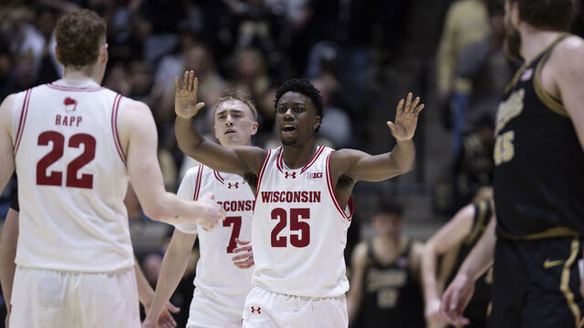 WEST LAFAYETTE, IN - MARCH 07: Wisconsin Badgers guard John Blackwell (25) tells his team to settle down in the first half of play during a men's college basketball game between the Wisconsin Badgers and the Purdue Boilermakers on March 07, 2026 at Mackey Arena in West Lafayette, IN.