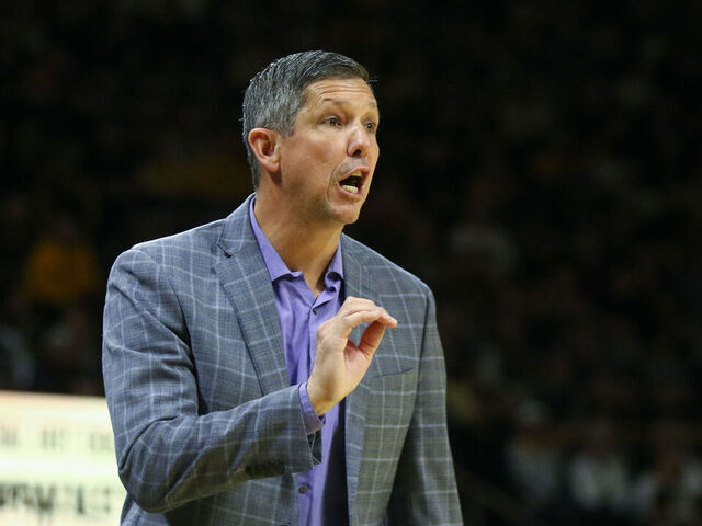 IOWA CITY, IA - NOVEMBER 26: Head coach J.D. Gravina of the Western Illinois Leathernecks talks to his players in the first half against the Iowa Hawkeyes on November 26, 2025 at Carver-Hawkeye Arena, in Iowa City, Iowa.