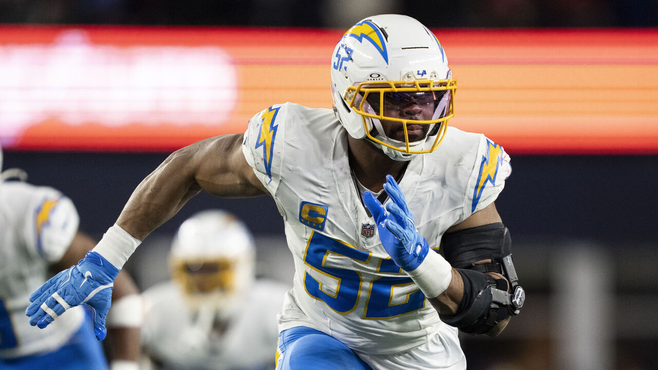 FOXBOROUGH, MASSACHUSETTS - JANUARY 11: Khalil Mack #52 of the Los Angeles Chargers runs around the edge during an NFL wild card playoff game against the New England Patriots at Gillette Stadium on January 11, 2026 in Foxborough, Massachusetts.