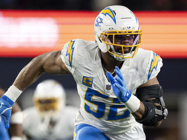 FOXBOROUGH, MASSACHUSETTS - JANUARY 11: Khalil Mack #52 of the Los Angeles Chargers runs around the edge during an NFL wild card playoff game against the New England Patriots at Gillette Stadium on January 11, 2026 in Foxborough, Massachusetts.