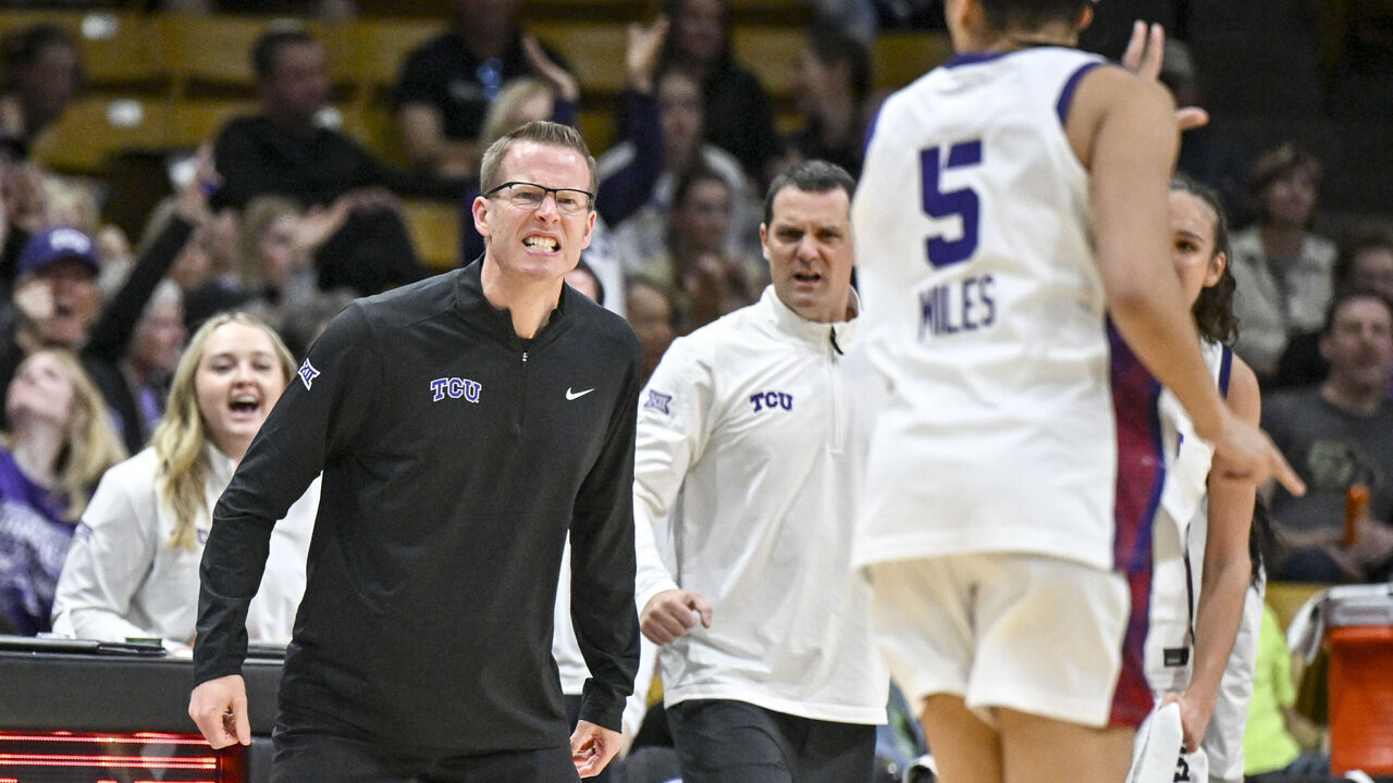 BOULDER , CO - FEBRUARY 8: Head coach Mark Campbell of the TCU Horned Frogs reacts after a three pointer by Olivia Miles (5) against the Colorado Buffaloes during the third quarter at the CU Events Center in Boulder, Colorado on Sunday, February 8, 2026.