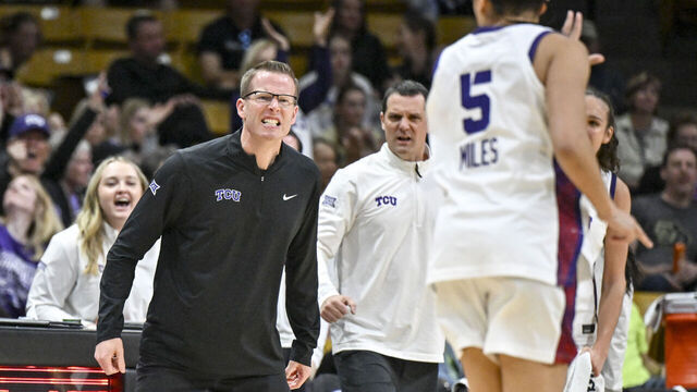 BOULDER , CO - FEBRUARY 8: Head coach Mark Campbell of the TCU Horned Frogs reacts after a three pointer by Olivia Miles (5) against the Colorado Buffaloes during the third quarter at the CU Events Center in Boulder, Colorado on Sunday, February 8, 2026.