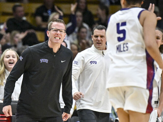 BOULDER , CO - FEBRUARY 8: Head coach Mark Campbell of the TCU Horned Frogs reacts after a three pointer by Olivia Miles (5) against the Colorado Buffaloes during the third quarter at the CU Events Center in Boulder, Colorado on Sunday, February 8, 2026.