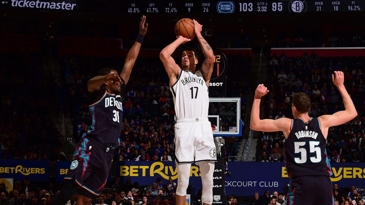 DETROIT, MI - MARCH 7: Michael Porter Jr. #17 of the Brooklyn Nets shoots the ball during the game against the Detroit Pistons on March 7, 2026 at Little Caesars Arena in Detroit, Michigan. NOTE TO USER: User expressly acknowledges and agrees that, by downloading and/or using this photograph, User is consenting to the terms and conditions of the Getty Images License Agreement. Mandatory Copyright Notice: Copyright 2026 NBAE