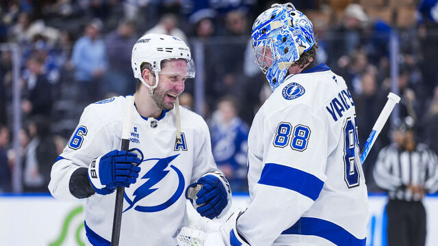 TORONTO, CANADA - MARCH 7: Nikita Kucherov #86 celebrates with Andrei Vasilevskiy #88 of the Tampa Bay Lightning following a win over the Toronto Maple Leafs at the Scotiabank Arena on March 7, 2026 in Toronto, Ontario, Canada.