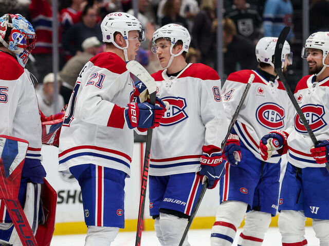 LOS ANGELES, CA - MARCH 7: Montréal Canadiens celebrate their victory against the Los Angeles Kings at Crypto.com Arena on March 7, 2026 in Los Angeles, California.