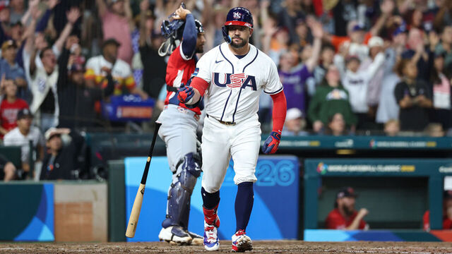 HOUSTON, TX - MARCH 07: Kyle Schwarber #12 of Team USA hits a two-run home run in the fifth inning during the 2026 World Baseball Classic Pool B game presented by Capital One between Team Great Britain and Team USA at Daikin Park on Saturday, March 7, 2026 in Houston, Texas.