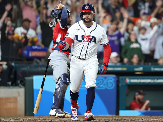 HOUSTON, TX - MARCH 07: Kyle Schwarber #12 of Team USA hits a two-run home run in the fifth inning during the 2026 World Baseball Classic Pool B game presented by Capital One between Team Great Britain and Team USA at Daikin Park on Saturday, March 7, 2026 in Houston, Texas.