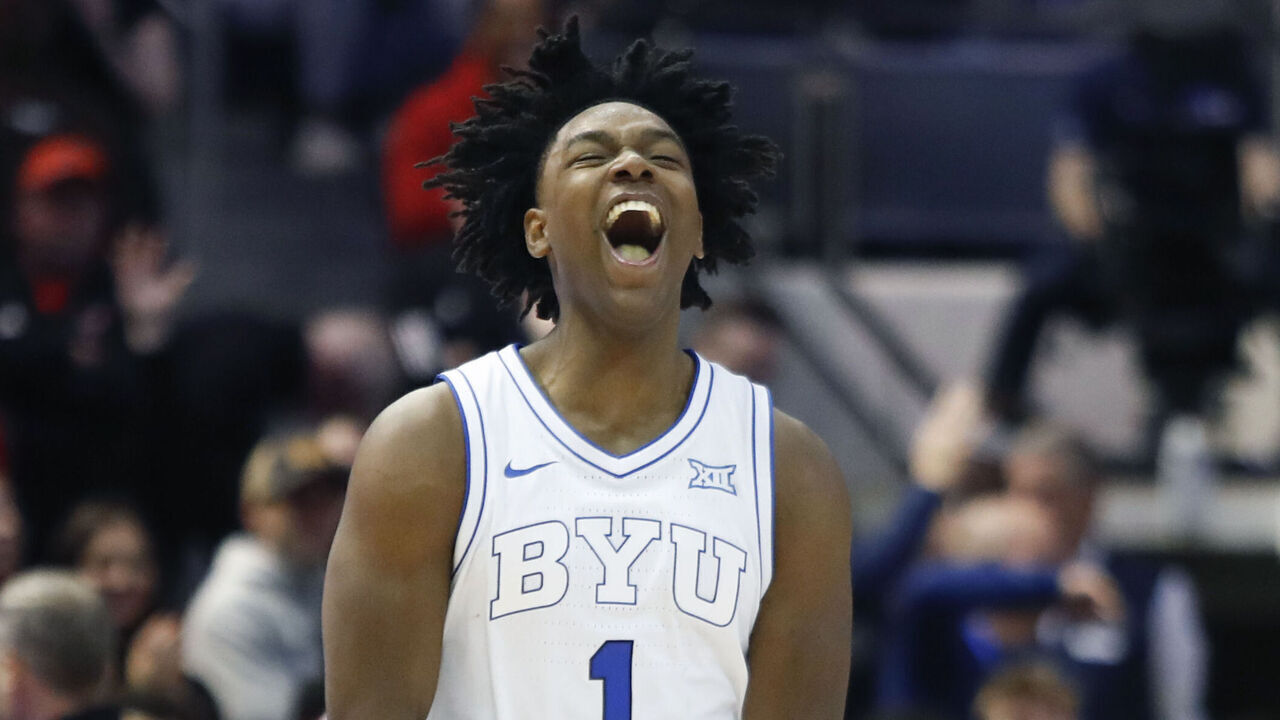 PROVO, UT - MARCH 7: Robert Wright III, #1 of the Brigham Young Cougars reacts as he runs past Donovan Atwell #12 of the Texas Tech Red Raiders during the second half of their game at the Marriott Center on March 7, 2026 in Provo, Utah.