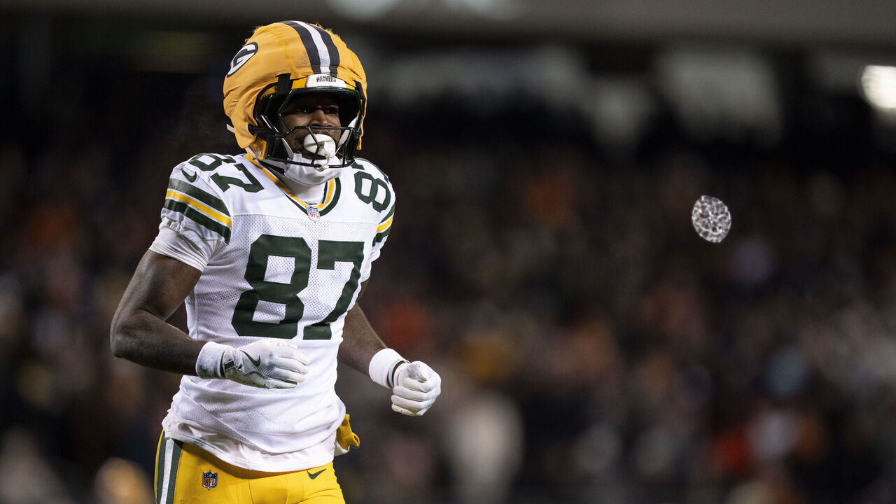 CHICAGO, ILLINOIS - JANUARY 10: Romeo Doubs #87 of the Green Bay Packers runs during an NFL wild card playoff game against the Chicago Bears at Soldier Field on January 10, 2026 in Chicago, Illinois.