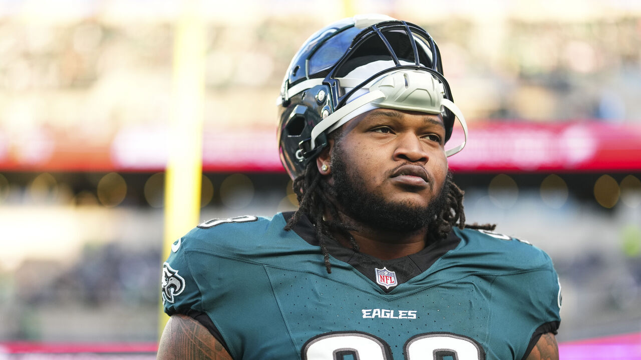 PHILADELPHIA, PA - JANUARY 11: Jalen Carter #98 of the Philadelphia Eagles exits the field after warmups prior to an NFL wild card playoff football game against the San Francisco 49ers at Lincoln Financial Field on January 11, 2026 in Philadelphia, Pennsylvania.