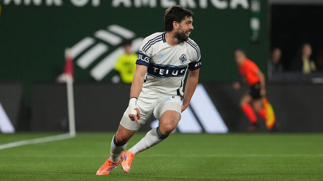 PORTLAND, OREGON - MARCH 07: Brian White #24 of Vancouver Whitecaps celebrates scoring his team's first goal during the first half against the Portland Timbers at Providence Park on March 07, 2026 in Portland, Oregon.
