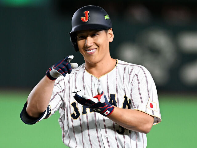 TOKYO, JAPAN - MARCH 07: Masataka Yoshida #34 of Japanreacts after hits a 2 RBI single in the seventh inning during the 2026 World Baseball Classic Pool C game between South Korea and Japan at Tokyo Dome on March 07, 2026 in Tokyo, Japan.