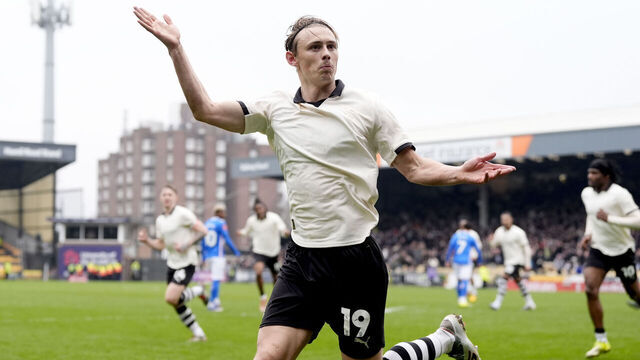 Port Vale's Ben Waine celebrates after scoring his side's first goal of the game during the Emirates FA Cup fifth round match at Vale Park, Stoke on Trent. Picture date: Sunday March 8, 2026.