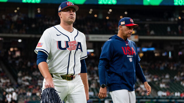 HOUSTON, TEXAS - MARCH 7: Tarik Skubal #27 of the United States (L) and Pitching Coach Andy Pettitte walk to the bullpen before a World Baseball Classic Pool B game between Great Britain and the United States at Daikin Park on March 7, 2026 in Houston, Texas.