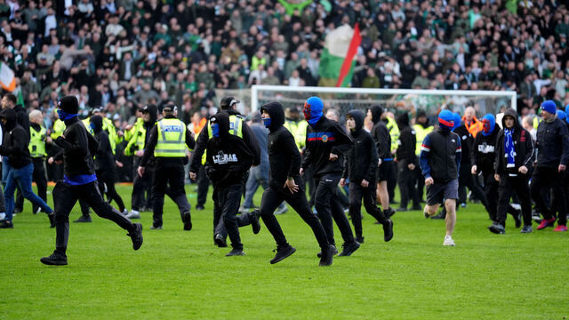 Pitch invasion after Celtic win on penalties after the Scottish Gas Men's Scottish Cup quarter-final match at Ibrox Stadium, Glasgow. Picture date: Sunday March 8, 2026.