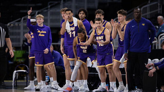PALM DESERT, CA - NOVEMBER 26: Members of the UNI Panthers react to a play during the Acrisure Series men's college basketball tournament game between the UNI Panthers and Tulsa Golden Hurricane on November 26, 2025, at the Acrisure Arena in Palm Desert, CA.