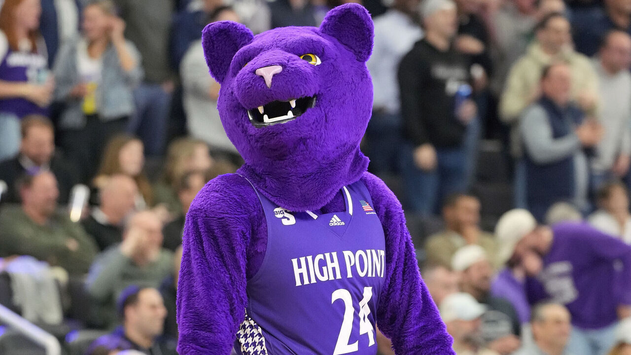 PROVIDENCE, RHODE ISLAND - MARCH 20: The High Point Panthers mascot on the floor during a first-round game against the Purdue Boilermakers in the NCAA Men's Basketball Tournament at Amica Mutual Pavillion on March 20, 2025 in Providence, Rhode Island.