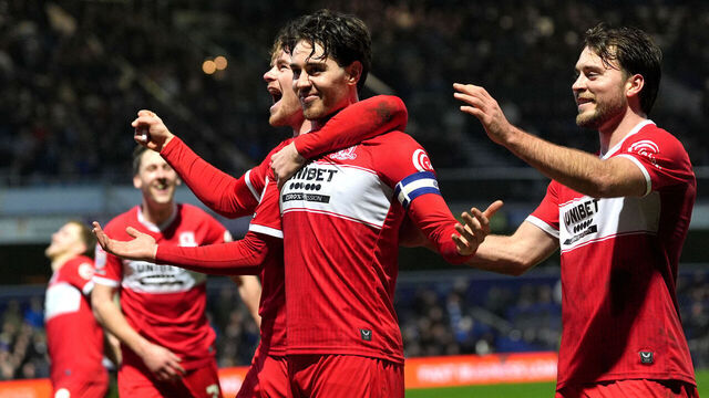 Middlesbrough's Hayden Hackney (centre) celebrates scoring their side's third goal of the game with team-mates during the Sky Bet Championship match at MATRADE Loftus Road Stadium, London. Picture date: Sunday March 8, 2026.