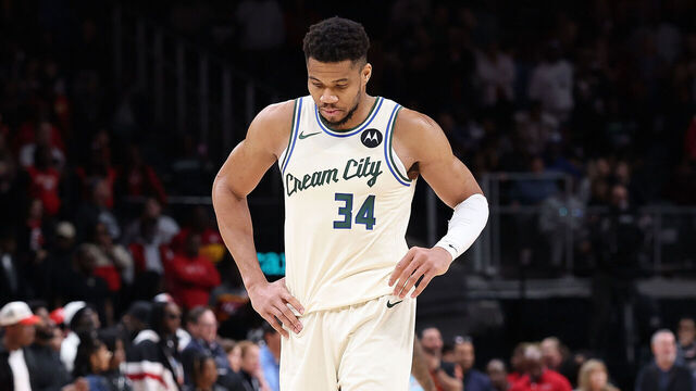 ATLANTA, GEORGIA - JANUARY 19: Giannis Antetokounmpo #34 of the Milwaukee Bucks reacts against the Atlanta Hawks during the fourth quarter at State Farm Arena on January 19, 2026 in Atlanta, Georgia.