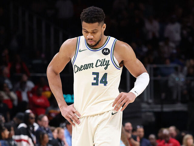 ATLANTA, GEORGIA - JANUARY 19: Giannis Antetokounmpo #34 of the Milwaukee Bucks reacts against the Atlanta Hawks during the fourth quarter at State Farm Arena on January 19, 2026 in Atlanta, Georgia.
