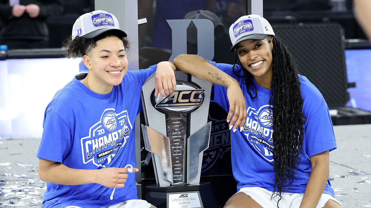 DULUTH, GEORGIA - MARCH 08: Taina Mair #22 and Ashlon Jackson #3 of the Duke Blue Devils pose for a picture as theycelebrate winning the Women's ACC Championship between the Duke Blue Devils and Louisville Cardinals at Gas South Arena on March 08, 2026 in Duluth, Georgia.