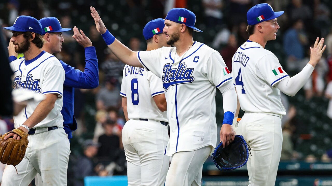 HOUSTON, TX - MARCH 08: Vinnie Pasquantino #9 of Team Italy celebrates with teammates after Team Italy's 7-4 win in the 2026 World Baseball Classic Pool B game presented by Capital One between Team Great Britain and Team Italy at Daikin Park on Sunday, March 8, 2026 in Houston, Texas.