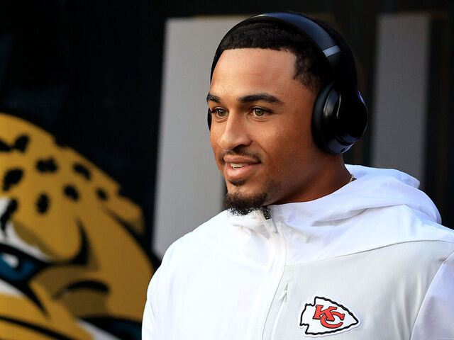 JACKSONVILLE, FLORIDA - OCTOBER 06: Trent McDuffie #22 of the Kansas City Chiefs walks out of the tunnel before the game against the Jacksonville Jaguars at EverBank Stadium on October 06, 2025 in Jacksonville, Florida.