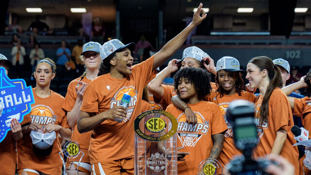 GREENVILLE, SOUTH CAROLINA - MARCH 08: Texas Longhorns players celebrate after defeating the South Carolina Gamecocks during the championship game of the SEC Women's Basketball Tournament at Bon Secours Wellness Arena on March 08, 2026 in Greenville, South Carolina.