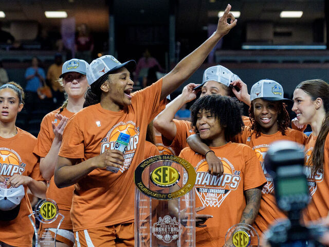 GREENVILLE, SOUTH CAROLINA - MARCH 08: Texas Longhorns players celebrate after defeating the South Carolina Gamecocks during the championship game of the SEC Women's Basketball Tournament at Bon Secours Wellness Arena on March 08, 2026 in Greenville, South Carolina.