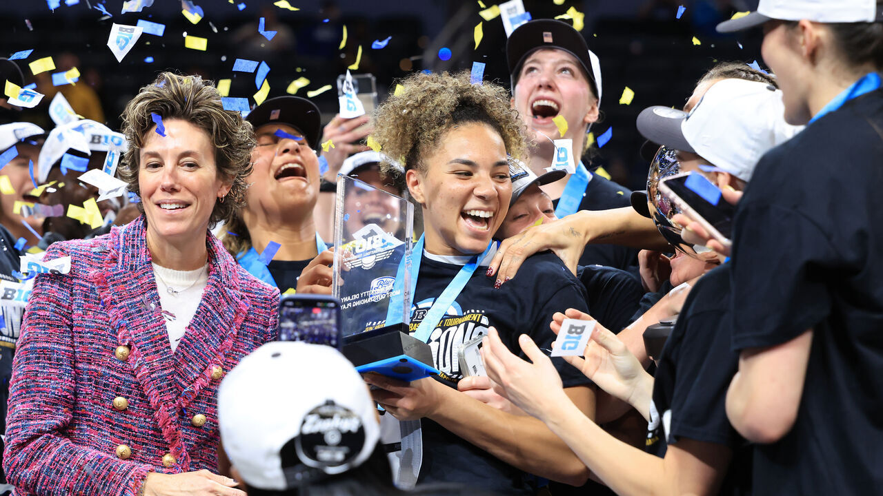 INDIANAPOLIS, INDIANA - MARCH 08: Kiki Rice #1 of the UCLA Bruins celebrates after winning the most outstanding player award after defeating the Iowa Hawkeyes during the Big Ten Women's Basketball Tournament Championship at Gainbridge Fieldhouse on March 08, 2026 in Indianapolis, Indiana.