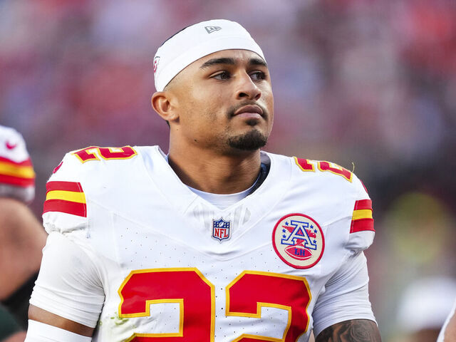 DENVER, CO - NOVEMBER 16: Trent McDuffie #22 of the Kansas City Chiefs exits the field at halftime during an NFL football game against the Denver Broncos at Empower Field at Mile High on November 16, 2025 in Denver, Colorado.