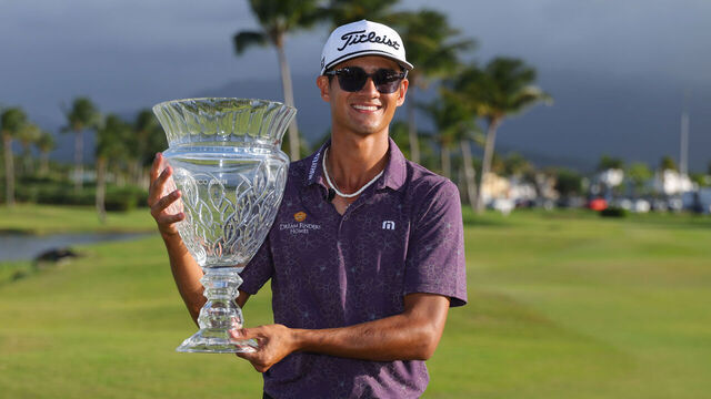 RIO GRANDE, PUERTO RICO - MARCH 08: Ricky Castillo of the United States poses with the trophy after his winning putt on the 18th green during the final round of the Puerto Rico Open 2026 at Grand Reserve Golf Club on March 08, 2026 in Rio Grande, Puerto Rico.