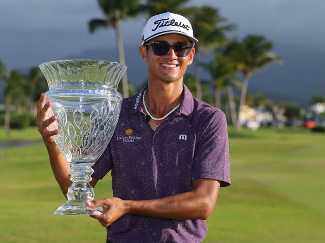 RIO GRANDE, PUERTO RICO - MARCH 08: Ricky Castillo of the United States poses with the trophy after his winning putt on the 18th green during the final round of the Puerto Rico Open 2026 at Grand Reserve Golf Club on March 08, 2026 in Rio Grande, Puerto Rico.