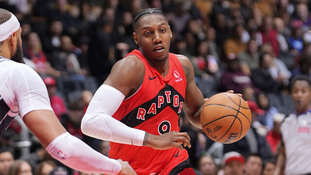 TORONTO, CANADA - MARCH 8: RJ Barrett #9 of the Toronto Raptors drives to the basket during the game against the Dallas Mavericks on March 8, 2026 at the Scotiabank Arena in Toronto, Ontario, Canada. Mandatory Copyright Notice: Copyright 2026 NBAE