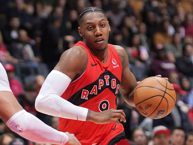TORONTO, CANADA - MARCH 8: RJ Barrett #9 of the Toronto Raptors drives to the basket during the game against the Dallas Mavericks on March 8, 2026 at the Scotiabank Arena in Toronto, Ontario, Canada. Mandatory Copyright Notice: Copyright 2026 NBAE