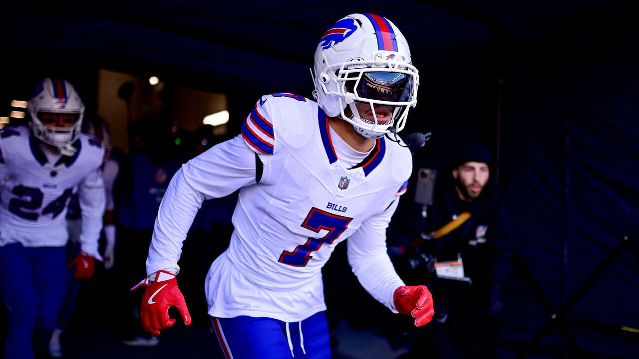 DENVER, CO - JANUARY 17: Buffalo Bills cornerback Taron Johnson (7) runs onto the field before the AFC Divisional Round game against the Denver Broncos at Empower Field at Mile High on January 17, 2026 in Denver, Colorado.