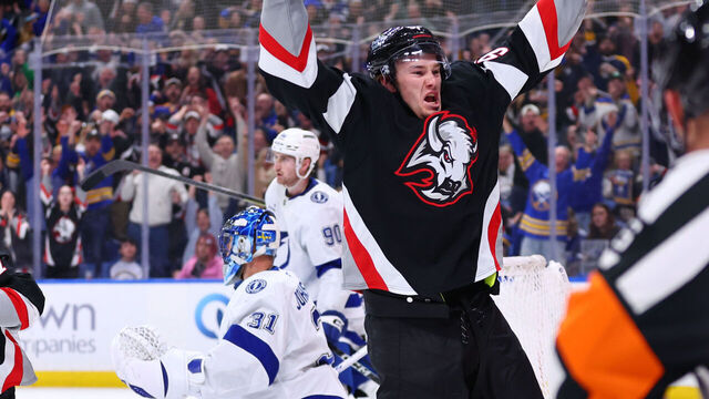 BUFFALO, NEW YORK - MARCH 08: Josh Doan #91 of the Buffalo Sabres reacts after scoring his second goal of the game against Jonas Johansson #31 of the Tampa Bay Lightning during an NHL game on March 08, 2026 at KeyBank Center in Buffalo, New York. Buffalo won, 8-7.