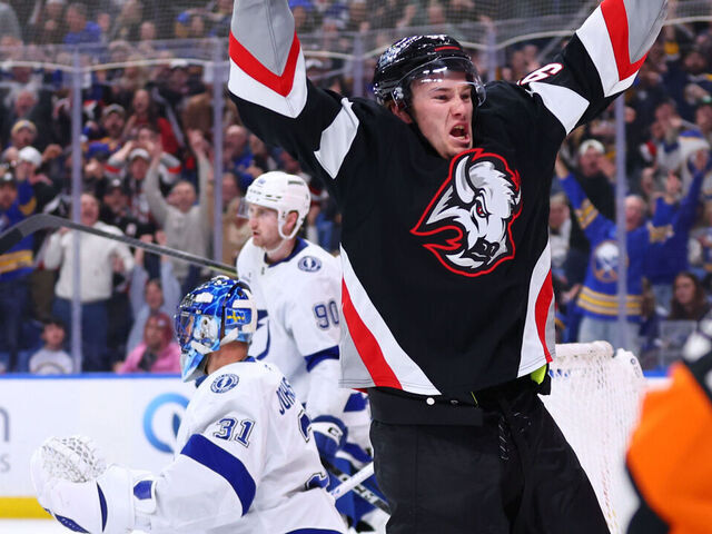 BUFFALO, NEW YORK - MARCH 08: Josh Doan #91 of the Buffalo Sabres reacts after scoring his second goal of the game against Jonas Johansson #31 of the Tampa Bay Lightning during an NHL game on March 08, 2026 at KeyBank Center in Buffalo, New York. Buffalo won, 8-7.