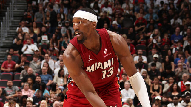 MIAMI, FL - MARCH 8: Bam Adebayo #13 of the Miami Heat handles the ball during the game against the Detroit Pistons on March 8, 2026 at Kaseya Center in Miami, Florida. Mandatory Copyright Notice: Copyright 2026 NBAE